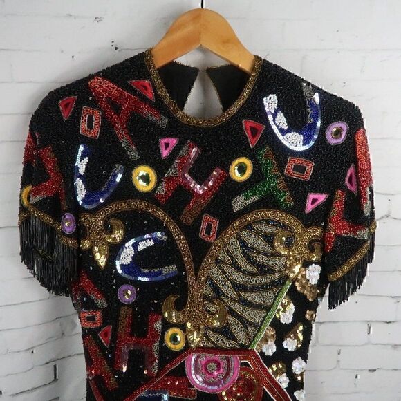 NAEEM KHAN RIAZEE VINTAGE SILK MULTI COLORED BEADED FRINGE SEQUIN PARTY DRESS - Picture 4 of 14